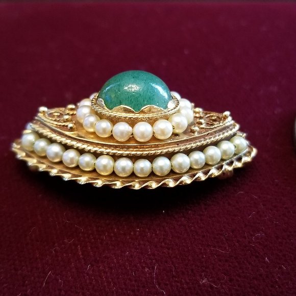 Vintage 14K Jade & Seed Pearl Brooch - Picture 4 of 5